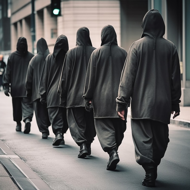 Identische Menschen in schwarzer Kleidung und mit Kapuze gehen einer nach dem anderen Sektenkult durch die Straße