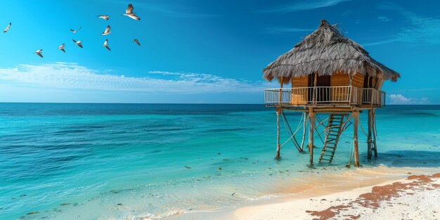 Idílica cabaña tropical en la playa sobre aguas cristalinas con gaviotas voladoras