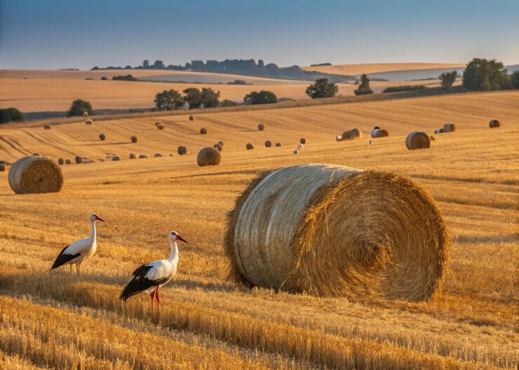 En esta idílica escena rural se pueden ver cigüeñas de pie serenamente a través de un amplio campo salpicado