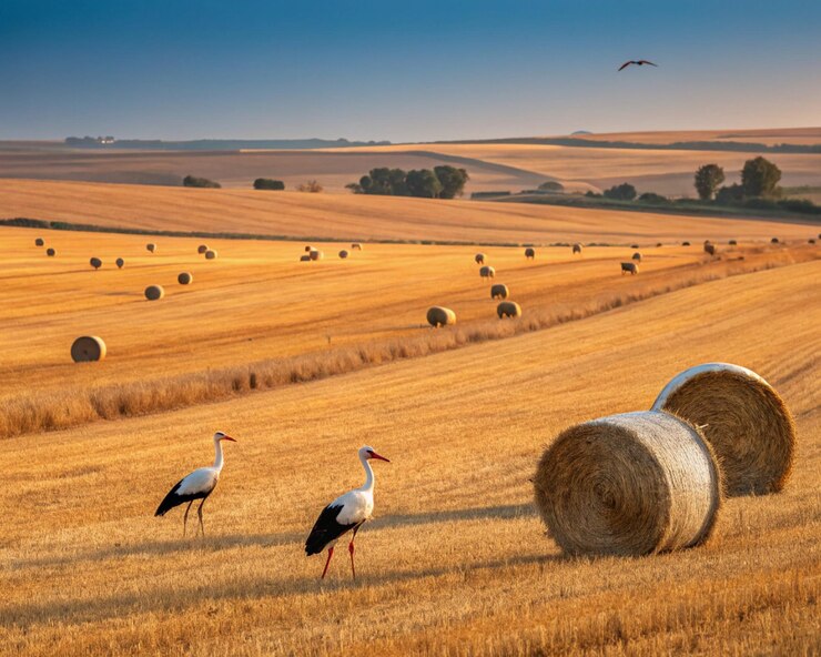 En esta idílica escena rural se pueden ver cigüeñas de pie serenamente a través de un amplio campo salpicado