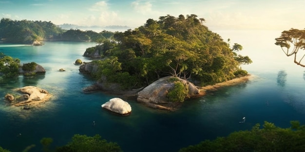 Una idílica isla oasis rodeada de exuberante follaje y aguas relucientes ofrece un escape sereno