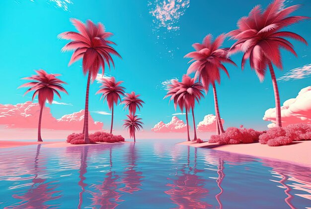 una idílica playa tropical con palmeras en el agua azul en el estilo de blanco claro y carmesí