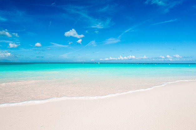 Idílica praia tropical no Caribe com areia branca, água azul-turquesa do oceano e céu azul