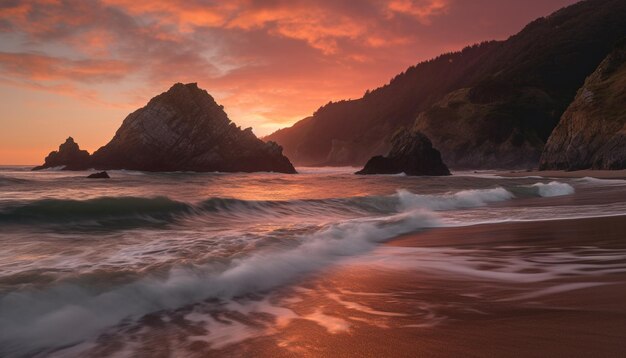 Idílica puesta de sol sobre la majestuosa costa las olas chocan contra acantilados rocosos generados por inteligencia artificial