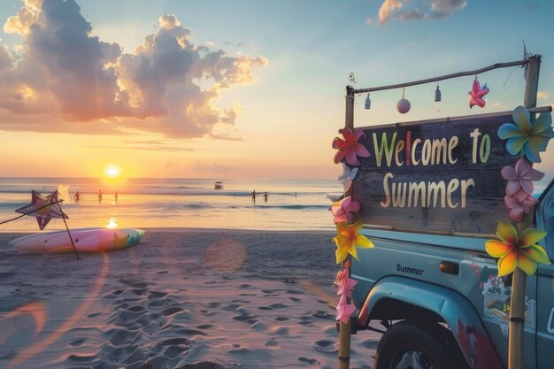 Idílico atardecer de verano en la playa con un camión decorado de época