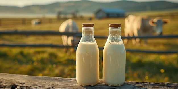 El idílico telón de fondo de prado presenta una vaca serena junto a una botella de leche y un vaso que evoca un ambiente rústico de pureza láctea y tranquilidad pastoral