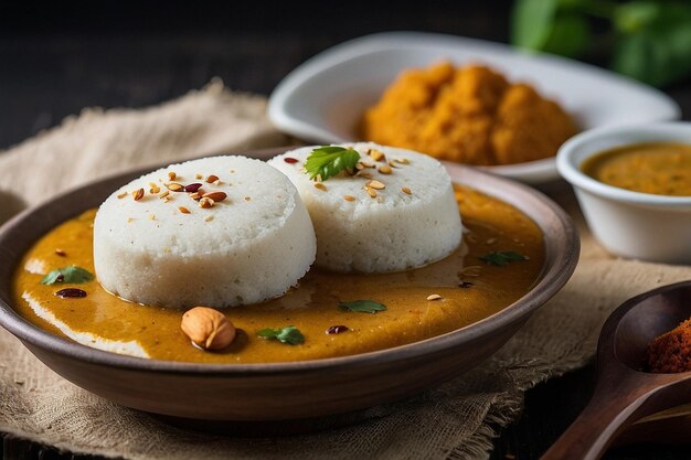 Idli com um lado de chutney de amêndoa