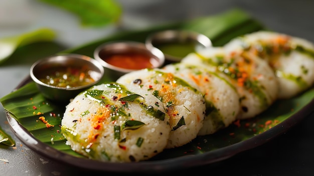 Idli de vegetais com molho de tomate com chutney de coco e coentro