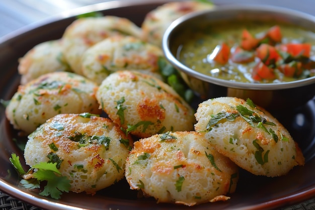 Idli de vegetais com molho de tomate com chutney de coco e coentro