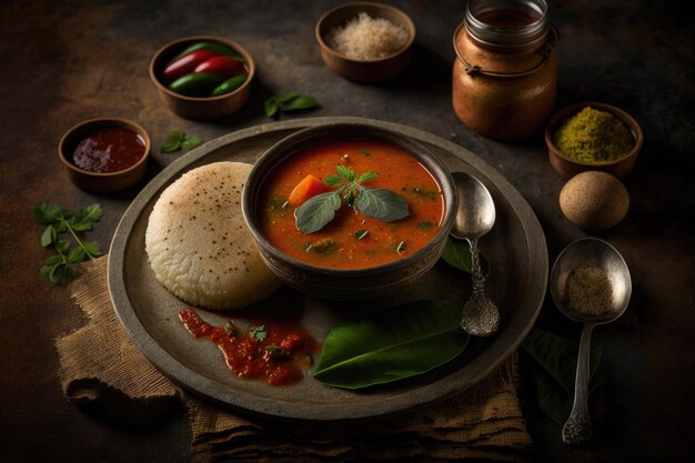 Idli sambar ou Idli com sambhar e chutney vermelho verde Ilustração AI Generative