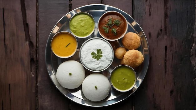 Idli sambar vada e chutney de coco pequeno-almoço do sul da índia