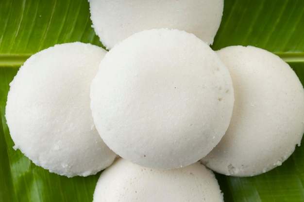 Idly o Idli, artículo principal del desayuno del sur de la India, que está bellamente dispuesto en una hoja de plátano verde fresca sobre fondo blanco.