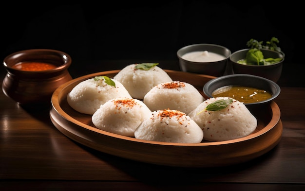 Foto idly o idli el principal desayuno del sur de la india está bellamente dispuesto en un plato de madera