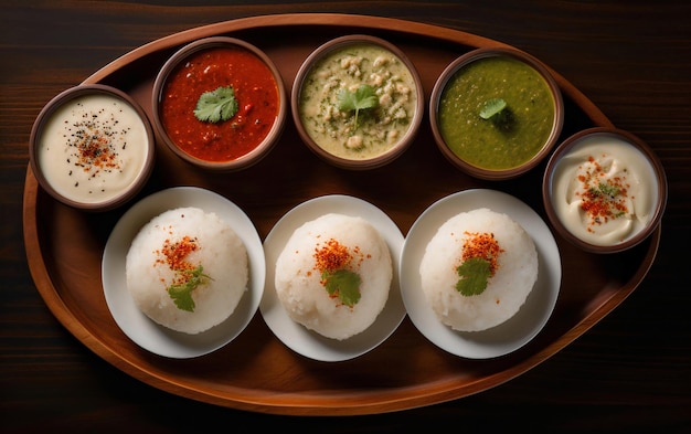 Idly oder idli Südindiens Hauptfrühstücksartikel schön auf einer Holzplatte angeordnet