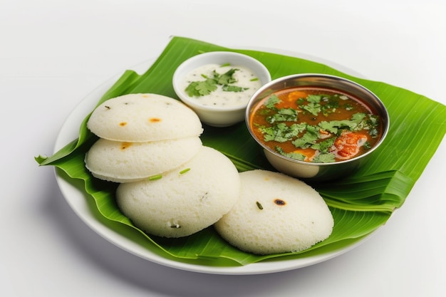 Idly sambar o Idli con Sambhar y chutney rojo verde Desayuno popular del sur de la India