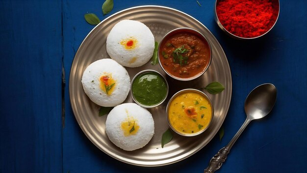 Foto idly sambar ou idli com sambhar e chutney vermelho verde pequeno-almoço popular do sul da índia