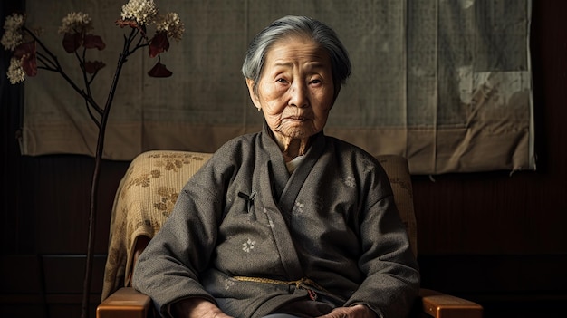 Idosa avó japonesa sentada sozinha