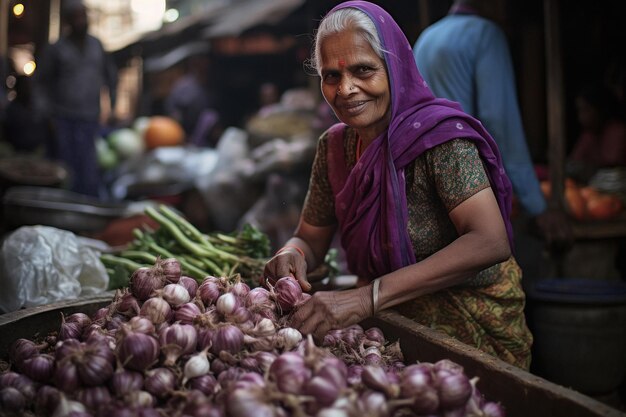 Idosa indiana rural em sari tradicional no mercado de vegetais