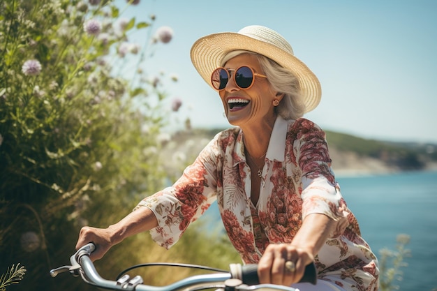 Idosa sorridente feliz mulher chapéu de palha e óculos de sol andando de bicicleta perto do lago em fundo desfocado