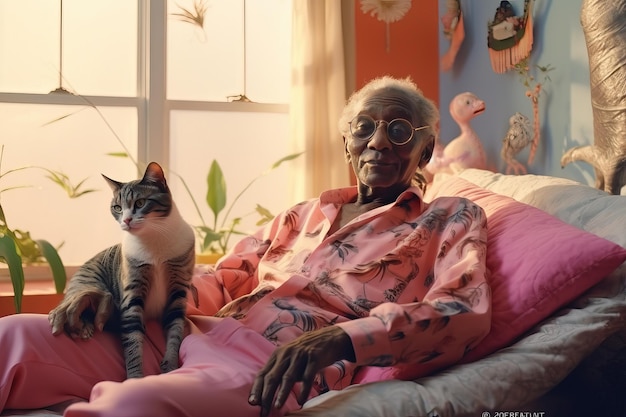 Idoso afro-americano com seu gato em casa