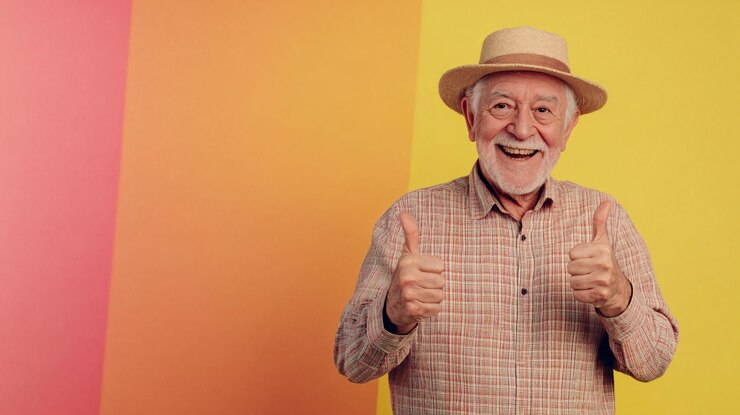 Idoso bonito sorrindo com o polegar para cima conceito promocional de aposentadoria para idosos