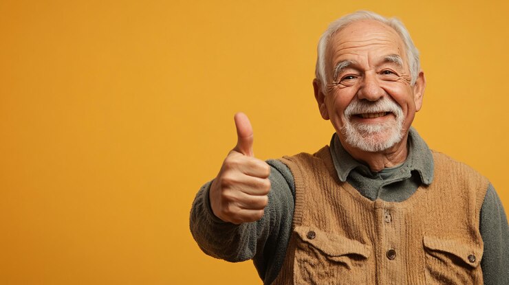Idoso bonito sorrindo com o polegar para cima conceito promocional de aposentadoria para idosos