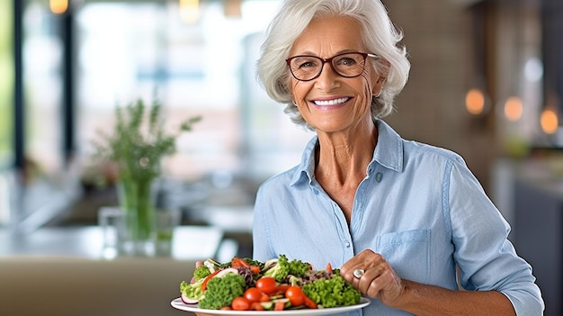 Foto idoso desfrutando de uma salada vegetariana fresca enquanto usa ia generativa