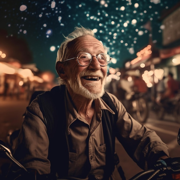 Idoso generativo sênior dirigindo motocicleta em noite estrelada e brilhante