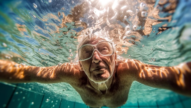 Idoso saudável nadando debaixo d'água em piscina pública piscina de água mineral Pensionista feliz desfrutando