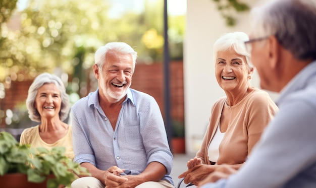 Idosos alegres, sorridentes, partilham o lazer ao ar livre, aproveitando a beleza dos momentos partilhados.