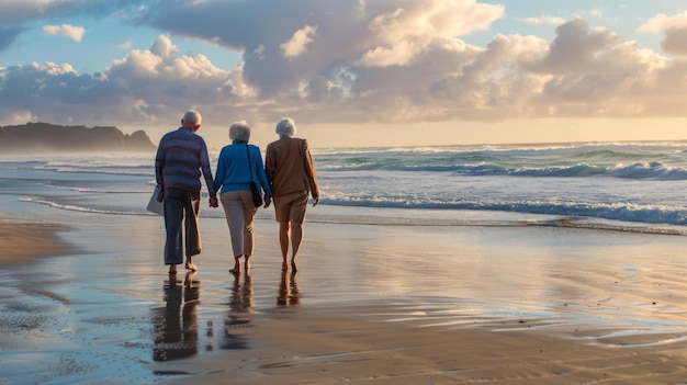 Idosos aposentados a caminhar pela praia.