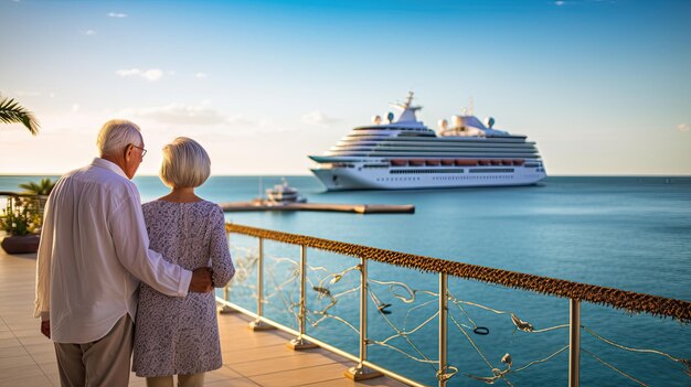 Idosos ativos em férias com um navio de cruzeiro em fundo