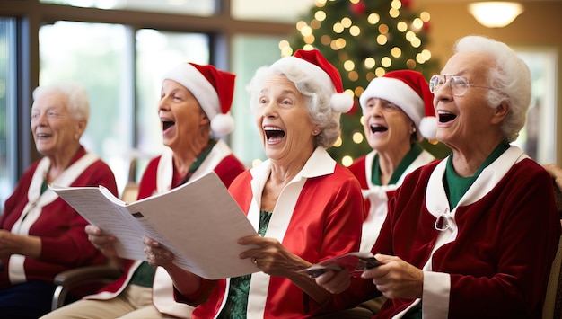 Idosos felizes com chapéus de Papai Noel cantam