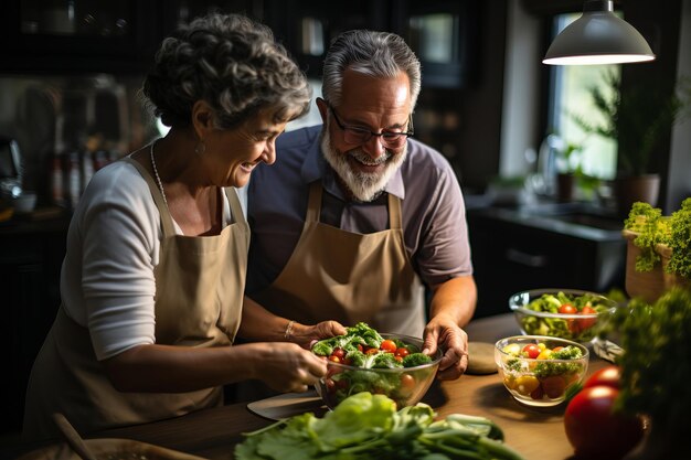 idosos felizes e saudáveis preparam comida vegana em casa