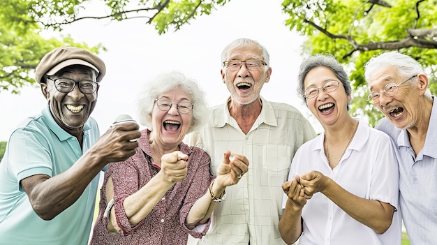 Foto idosos multiculturais socializando adultos sorrindo