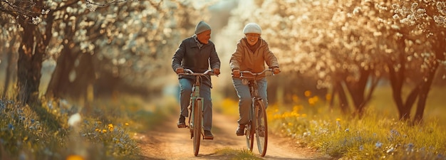 Idosos se divertindo em bicicletas na paisagem primaveral