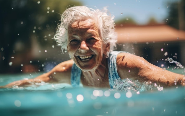 Idosos sorridentes à beira da piscina