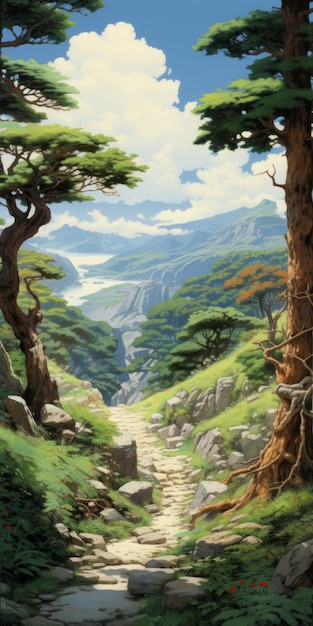 Idyllic Mountain Path Anime Art Inspirado por Miyazaki Hayao