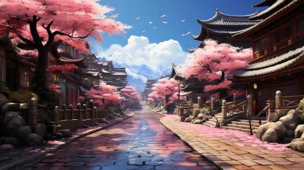 Idyllische alte japanische Straße in Frühlingskirschblüten