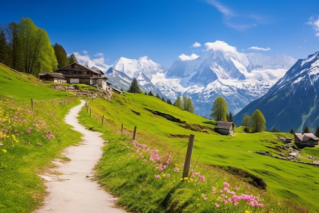 Idyllische Berglandschaft in den Alpen mit blühenden Wiesen im Frühling