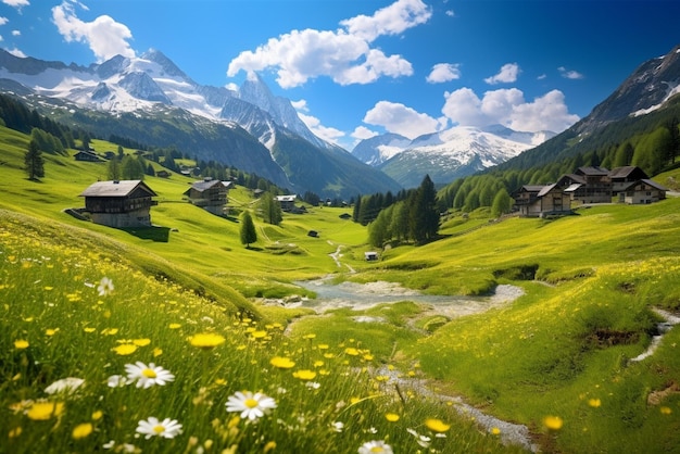 Idyllische Berglandschaft in den Alpen mit blühenden Wiesen im Frühling