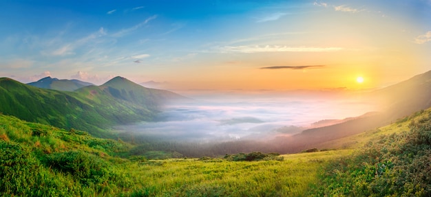 Idyllische Landschaft mit grünem Gras bedeckte Morgenberge