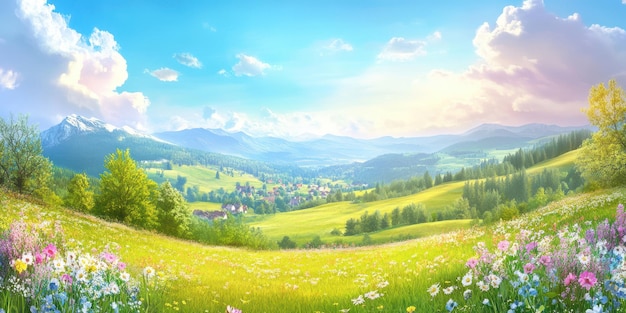 Idyllische Sommerlandschaft mit grünen Feldern, sanften Hügeln und blauem Himmel