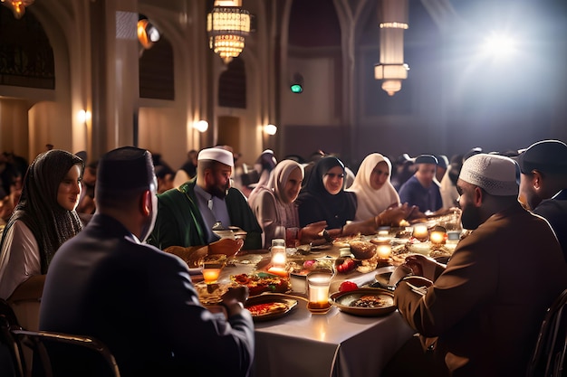 Iftar comunitário do Ramadão reunindo-se em um salão espaçoso Pessoas de diversas origens rompendo o jejum