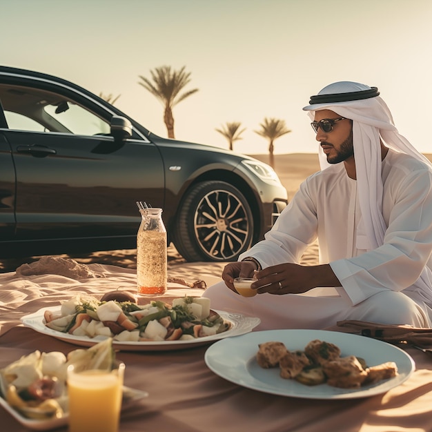 Foto iftar de ramadán en el desierto con un hombre saudí y su elegante coche