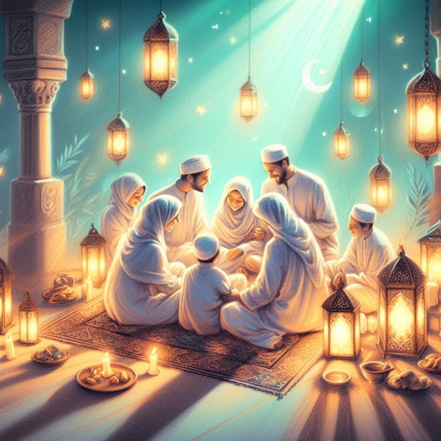 Iftar sereno armonía unidad familiar en un patio tranquilo dibujo pastel capturando la unión