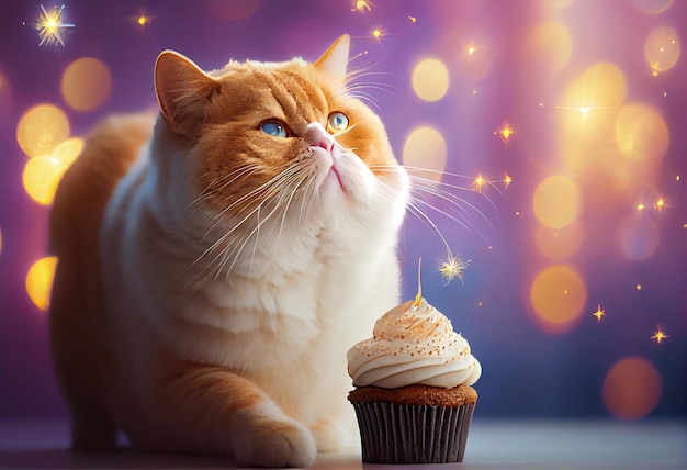 Ig ginger cat comemora aniversário com cupcake no fundo bokeh festivo AI Generated