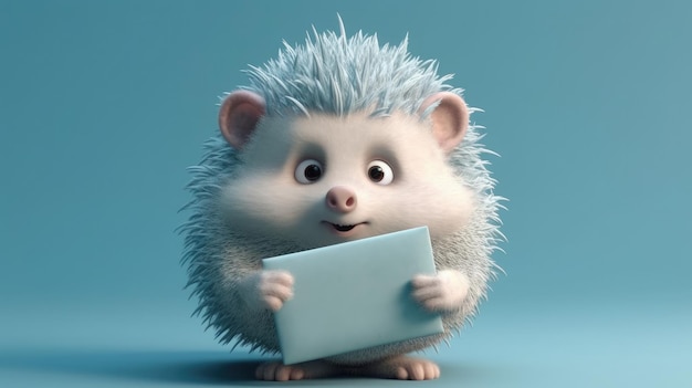 Igel, der ein Papier vor einem blauen Hintergrund hält