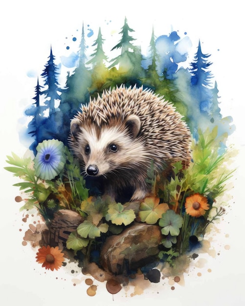 Igel Doppelbelichtung von Igel und Natur Berge Bäume in Aquarellkunst