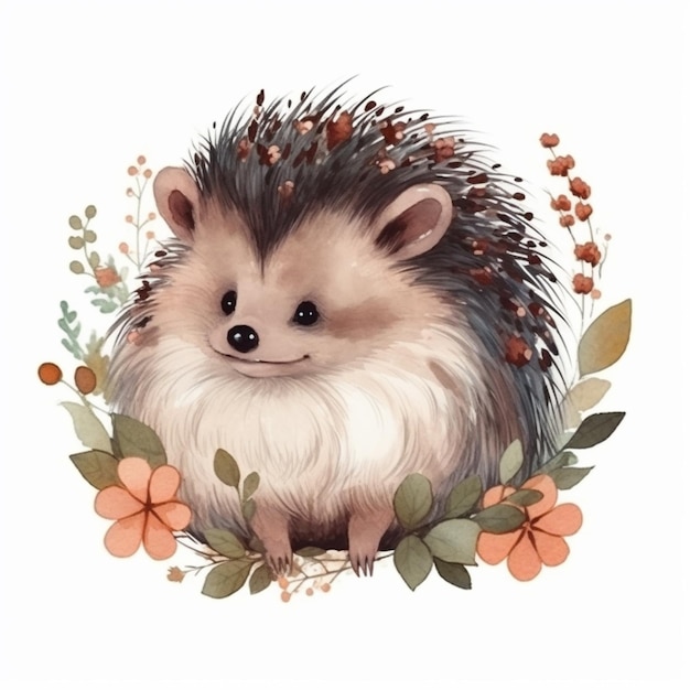 Igel mit Blumen und Blättern auf weißem Hintergrund generative KI